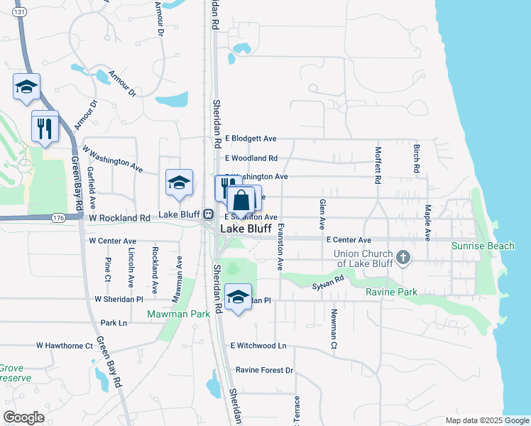 map of restaurants, bars, coffee shops, grocery stores, and more near 120 East Scranton Avenue in Lake Bluff