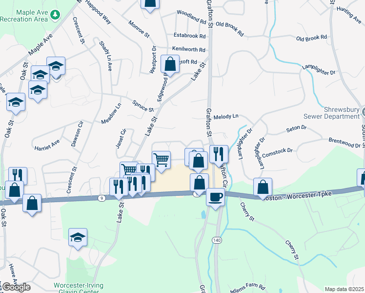 map of restaurants, bars, coffee shops, grocery stores, and more near 56 Harrington Farms Way in Shrewsbury