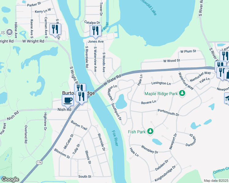 map of restaurants, bars, coffee shops, grocery stores, and more near 3424 Southport Drive in Island Lake