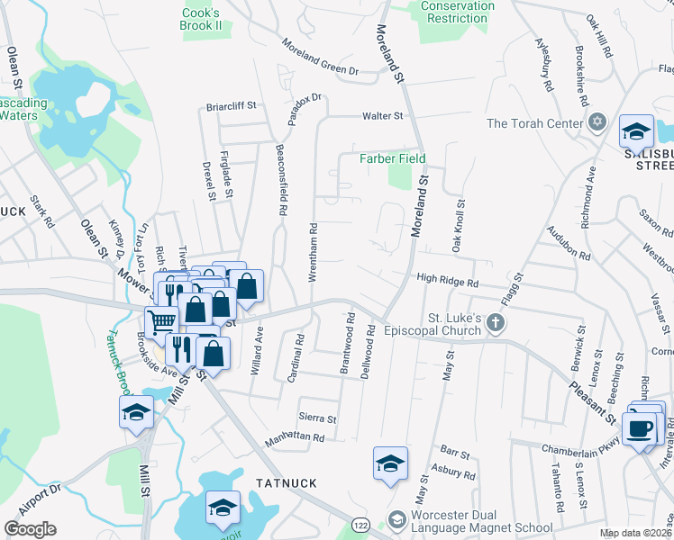 map of restaurants, bars, coffee shops, grocery stores, and more near 19 Fenton Drive in Worcester