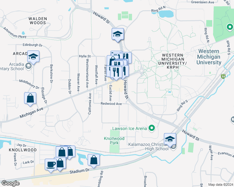 map of restaurants, bars, coffee shops, grocery stores, and more near 1124 Lafayette Avenue in Kalamazoo