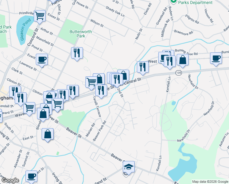 map of restaurants, bars, coffee shops, grocery stores, and more near 14 Waverly Street in Framingham