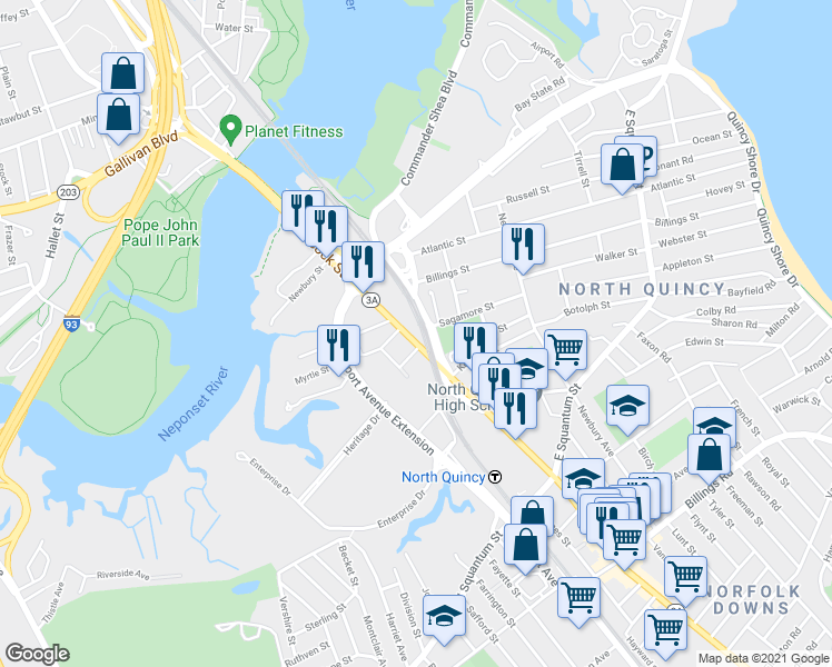 map of restaurants, bars, coffee shops, grocery stores, and more near 68 Sagamore Street in Quincy