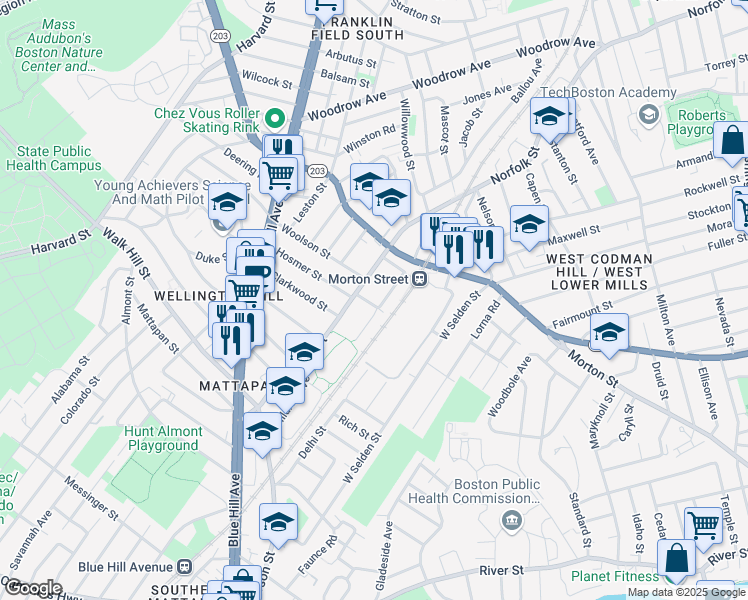 map of restaurants, bars, coffee shops, grocery stores, and more near 466 Norfolk Street in Boston