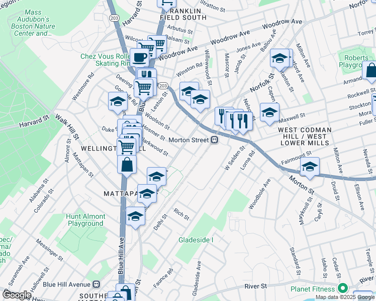 map of restaurants, bars, coffee shops, grocery stores, and more near 466 Norfolk Street in Boston