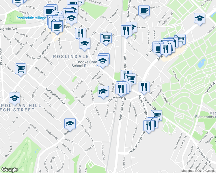 map of restaurants, bars, coffee shops, grocery stores, and more near 237 Cummins Highway in Boston