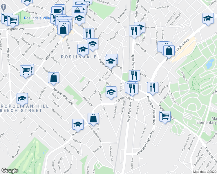 map of restaurants, bars, coffee shops, grocery stores, and more near 2 Delore Circle in Boston