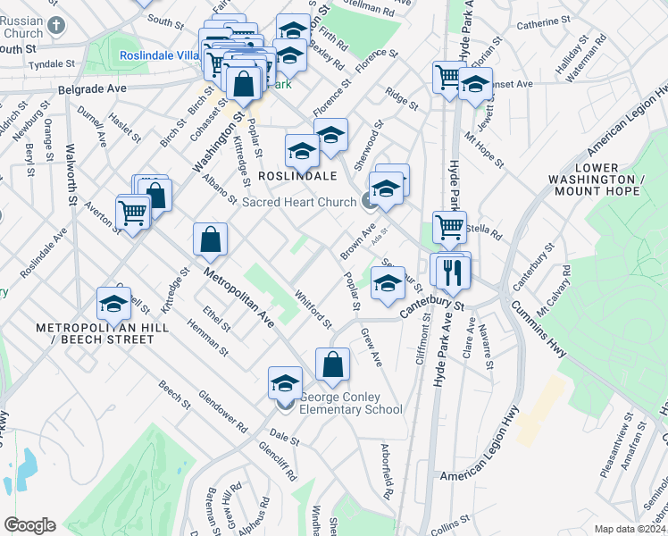 map of restaurants, bars, coffee shops, grocery stores, and more near 4 Delano Park in Boston