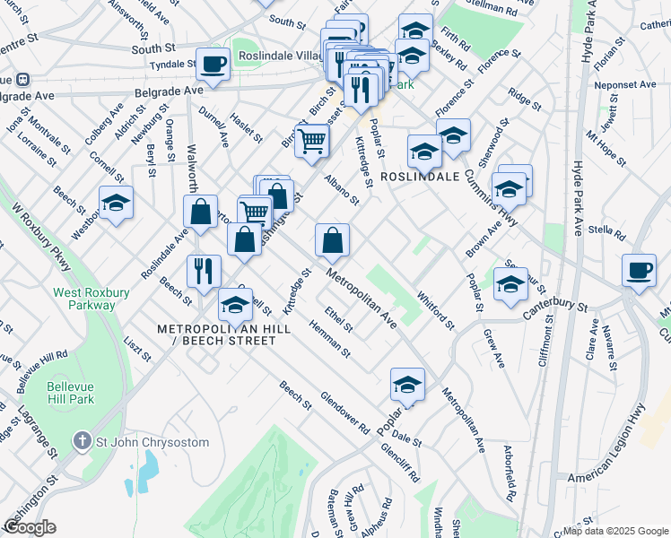 map of restaurants, bars, coffee shops, grocery stores, and more near 65 Augustus Avenue in Boston