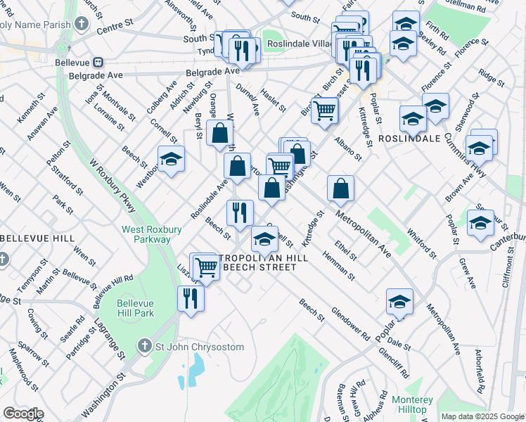 map of restaurants, bars, coffee shops, grocery stores, and more near 41 Wellsmere Road in Boston
