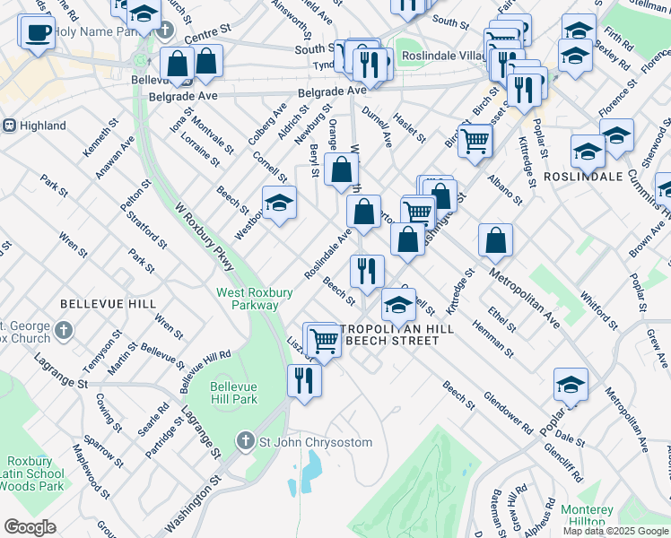 map of restaurants, bars, coffee shops, grocery stores, and more near 227 Roslindale Avenue in Boston