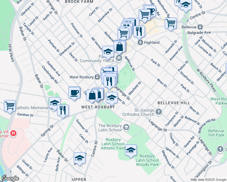map of restaurants, bars, coffee shops, grocery stores, and more near 408 Lagrange Street in Boston