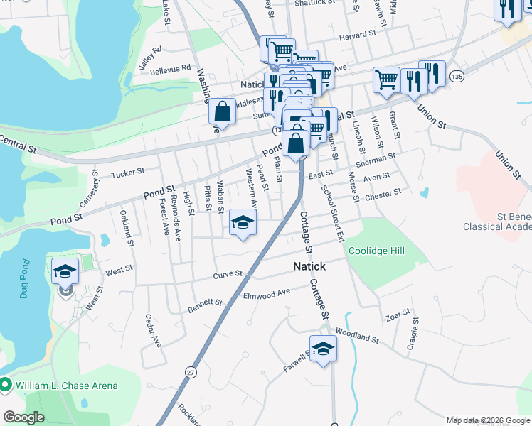 map of restaurants, bars, coffee shops, grocery stores, and more near 1 Diamond Street in Natick
