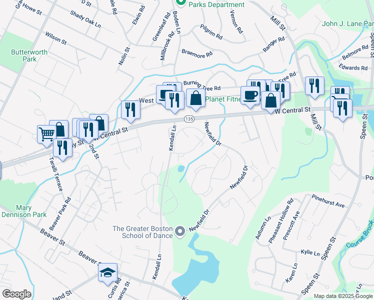 map of restaurants, bars, coffee shops, grocery stores, and more near 6 Village Green Lane in Natick