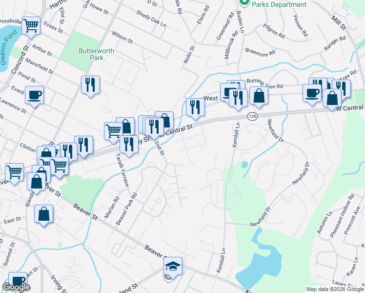 map of restaurants, bars, coffee shops, grocery stores, and more near 17 Garden Road in Natick