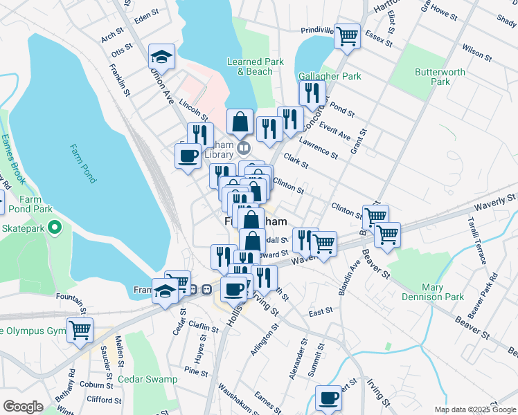 map of restaurants, bars, coffee shops, grocery stores, and more near 196 Concord Street in Framingham