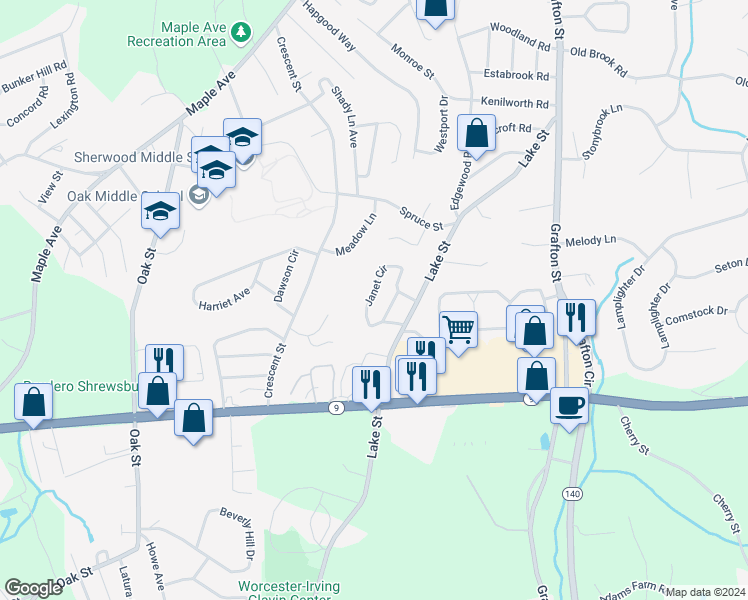 map of restaurants, bars, coffee shops, grocery stores, and more near 44 Janet Circle in Shrewsbury