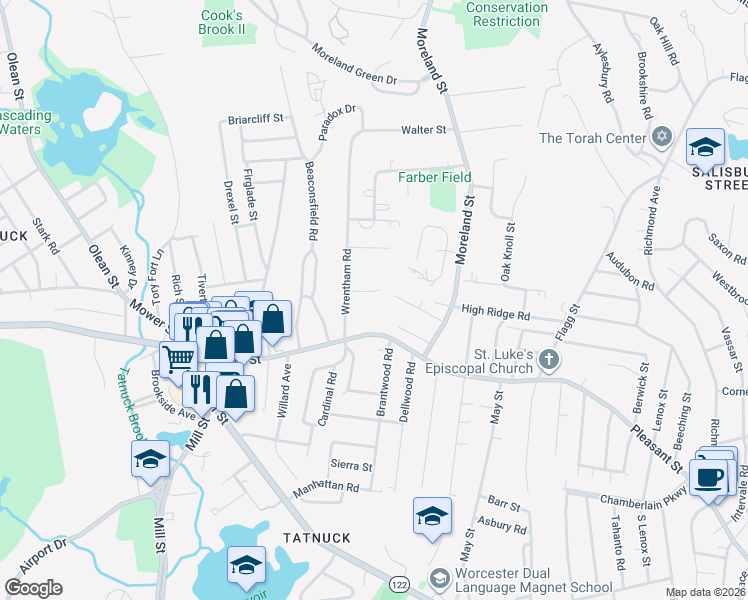 map of restaurants, bars, coffee shops, grocery stores, and more near 19 Fenton Drive in Worcester