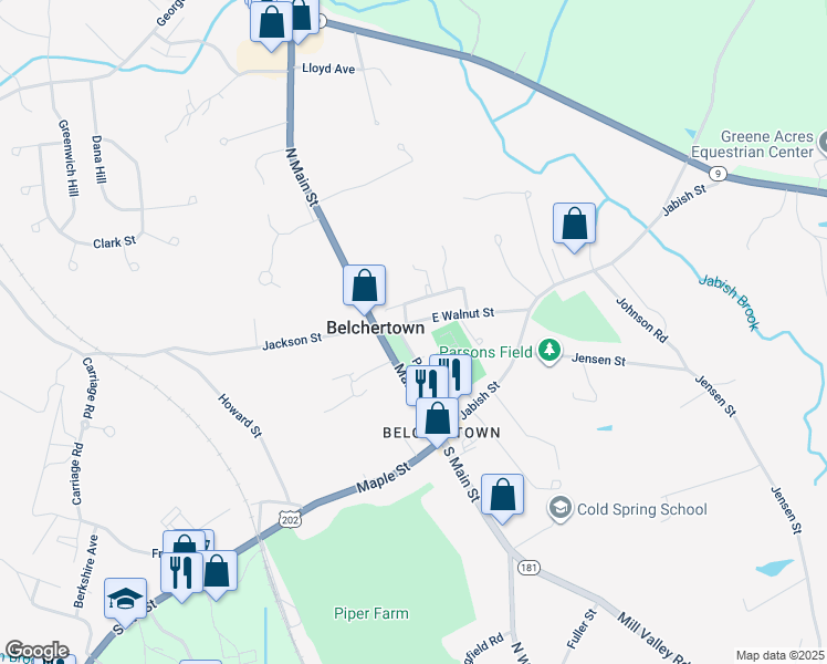 map of restaurants, bars, coffee shops, grocery stores, and more near 39 East Walnut Street in Belchertown