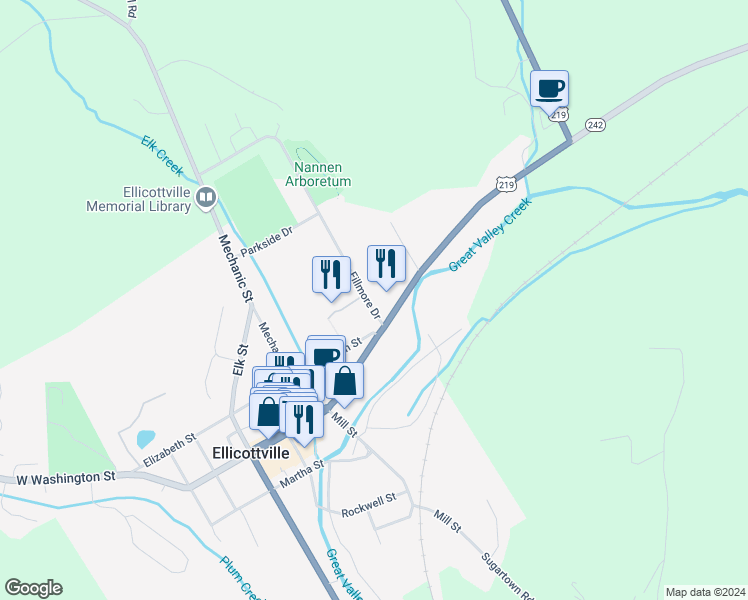 map of restaurants, bars, coffee shops, grocery stores, and more near 9 Fillmore Drive in Ellicottville