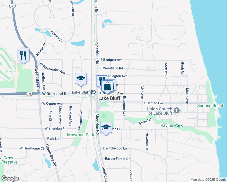 map of restaurants, bars, coffee shops, grocery stores, and more near 117 East North Avenue in Lake Bluff