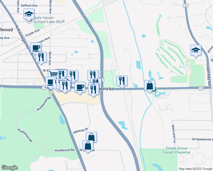 map of restaurants, bars, coffee shops, grocery stores, and more near 28801 Skokie Highway in Lake Bluff