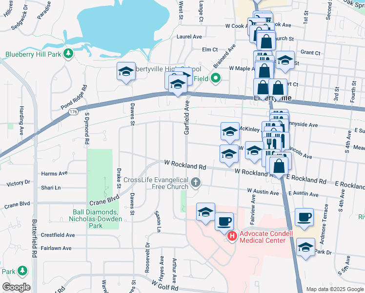 map of restaurants, bars, coffee shops, grocery stores, and more near 334 Ames Street in Libertyville