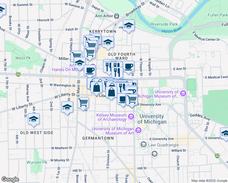 map of restaurants, bars, coffee shops, grocery stores, and more near  in Ann Arbor