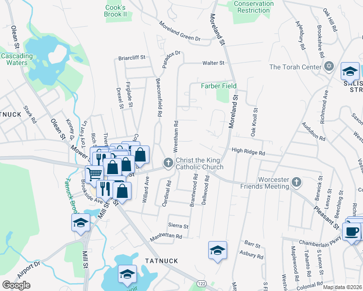 map of restaurants, bars, coffee shops, grocery stores, and more near 16 Wrentham Road in Worcester