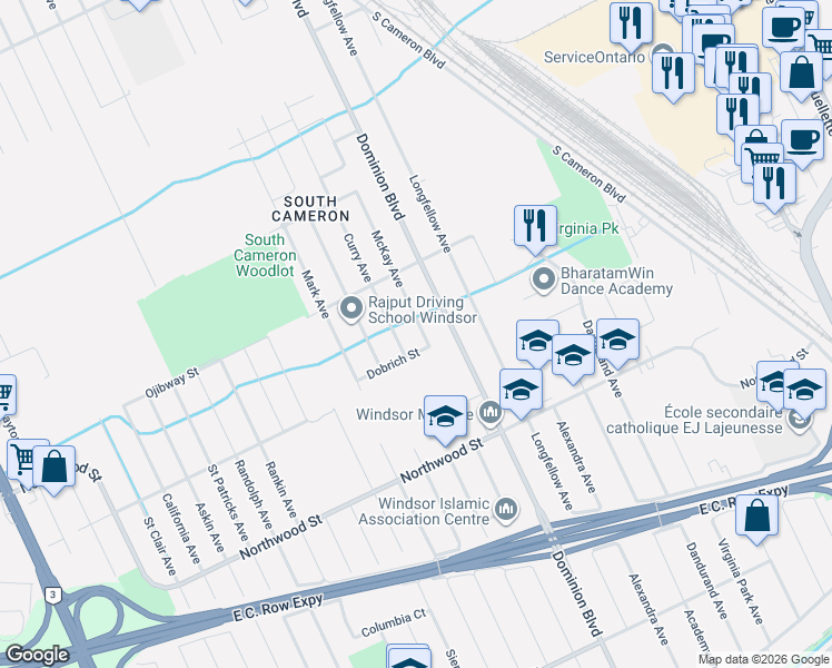 map of restaurants, bars, coffee shops, grocery stores, and more near 2257 Dominion Boulevard in Windsor