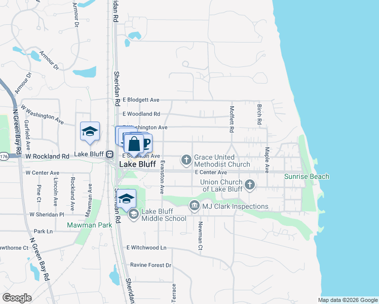 map of restaurants, bars, coffee shops, grocery stores, and more near 244 East Scranton Avenue in Lake Bluff