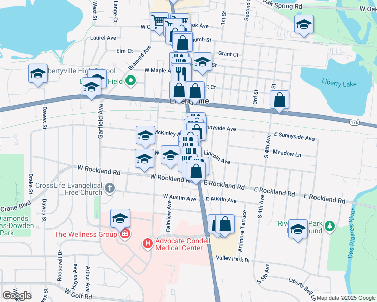 map of restaurants, bars, coffee shops, grocery stores, and more near 314 South Milwaukee Avenue in Libertyville