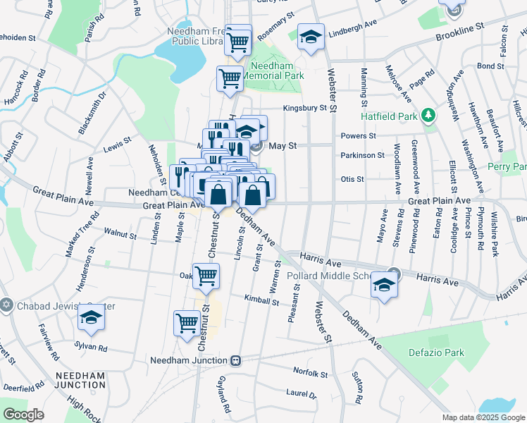 map of restaurants, bars, coffee shops, grocery stores, and more near 863 Great Plain Avenue in Needham