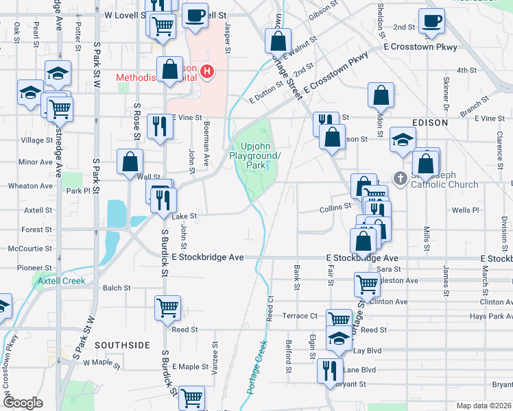 map of restaurants, bars, coffee shops, grocery stores, and more near 518 Lake Street in Kalamazoo