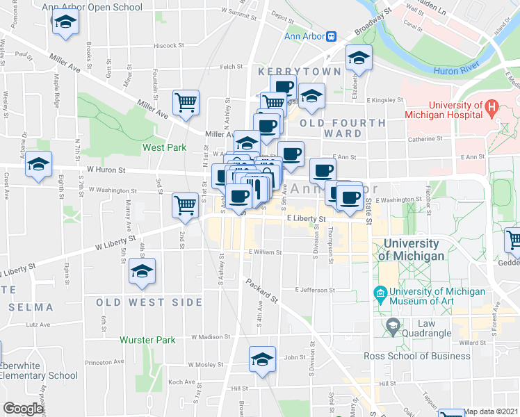 map of restaurants, bars, coffee shops, grocery stores, and more near 212 South 4th Avenue in Ann Arbor