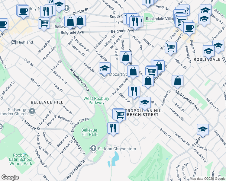 map of restaurants, bars, coffee shops, grocery stores, and more near 255-257 Beech Street in Boston