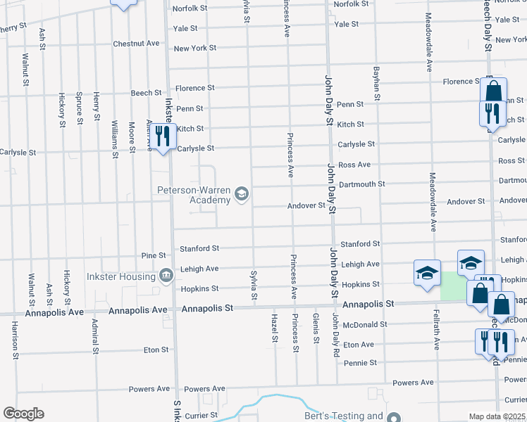 map of restaurants, bars, coffee shops, grocery stores, and more near 26961 Andover Street in Inkster