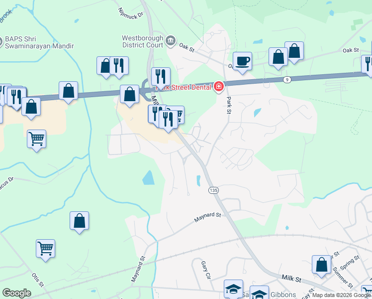 map of restaurants, bars, coffee shops, grocery stores, and more near 151 Milk Street in Westborough