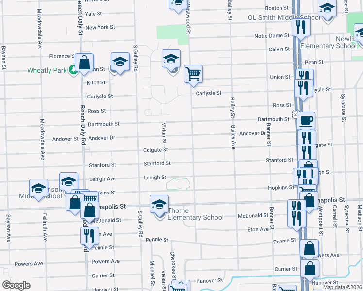 map of restaurants, bars, coffee shops, grocery stores, and more near 25053 Andover Drive in Dearborn Heights