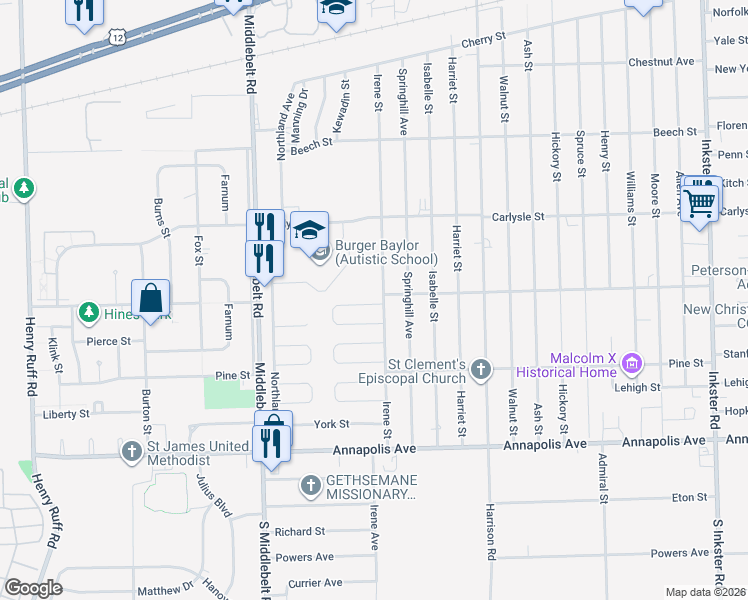 map of restaurants, bars, coffee shops, grocery stores, and more near 3860 Irene Street in Inkster