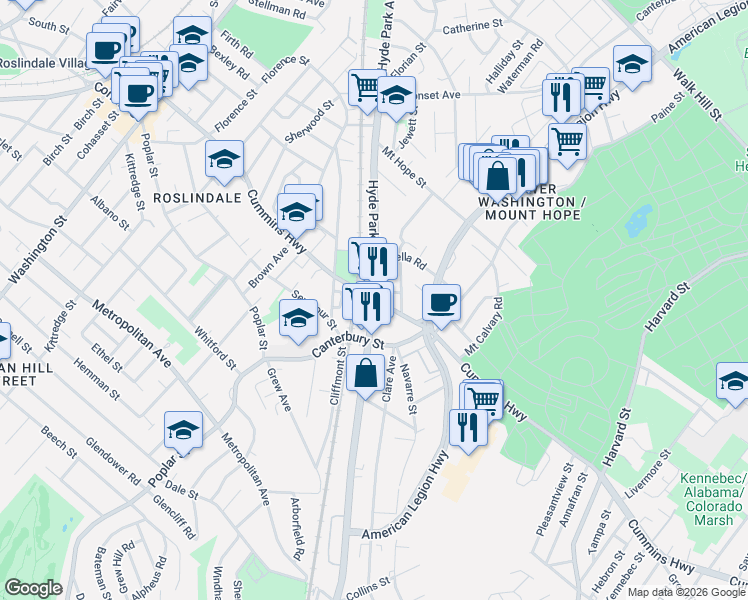 map of restaurants, bars, coffee shops, grocery stores, and more near Cummins Highway in Boston