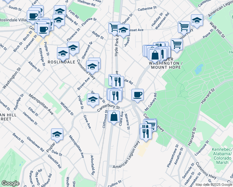 map of restaurants, bars, coffee shops, grocery stores, and more near Hyde Park Ave & Cummins Hwy in Boston