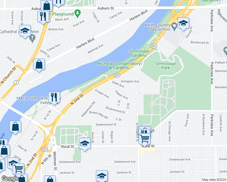 map of restaurants, bars, coffee shops, grocery stores, and more near 1511 Oakes Avenue in Rockford