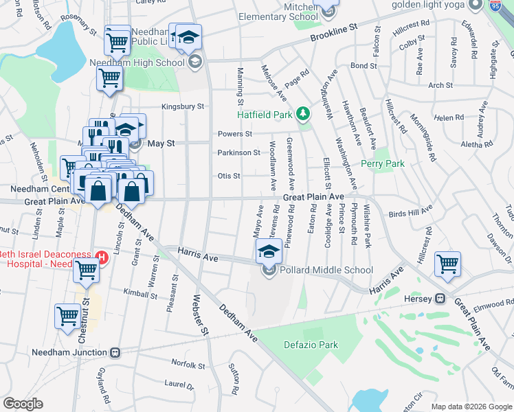 map of restaurants, bars, coffee shops, grocery stores, and more near 739 Great Plain Avenue in Needham