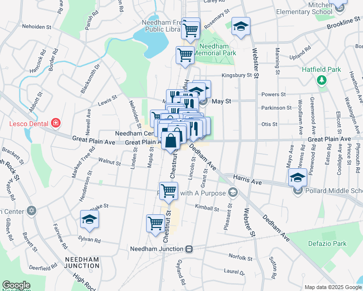 map of restaurants, bars, coffee shops, grocery stores, and more near 500 Dedham Avenue in Needham
