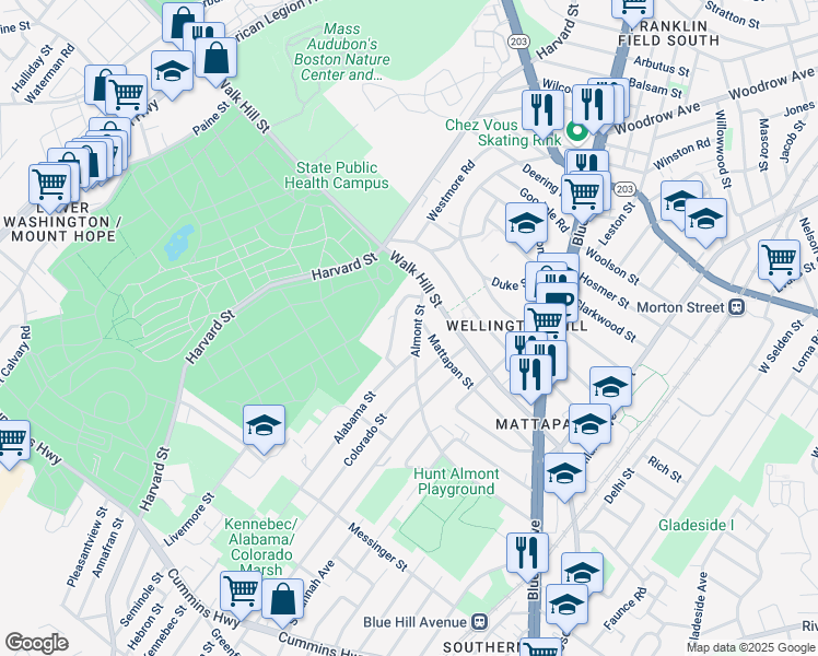 map of restaurants, bars, coffee shops, grocery stores, and more near 224 Almont Street in Boston