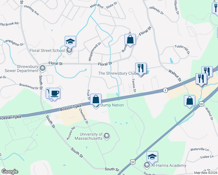 map of restaurants, bars, coffee shops, grocery stores, and more near 15 Arbor Drive in Shrewsbury