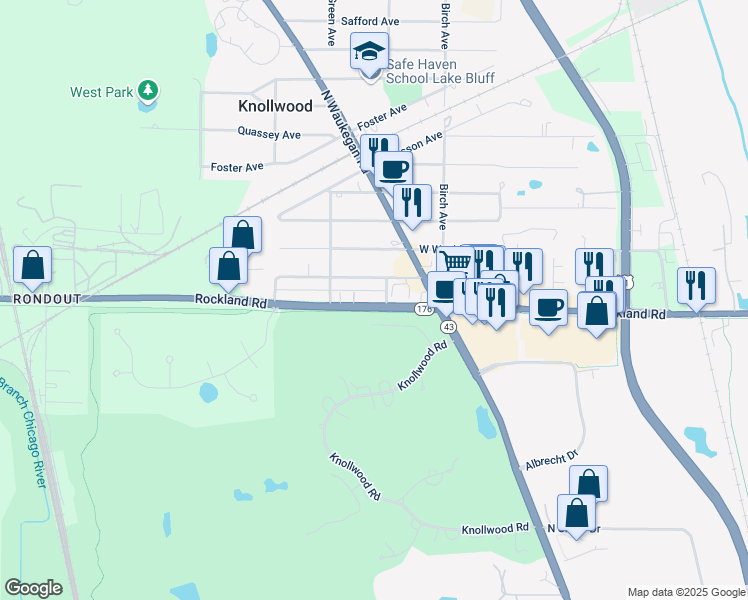 map of restaurants, bars, coffee shops, grocery stores, and more near 905 Rockland Road in Lake Bluff