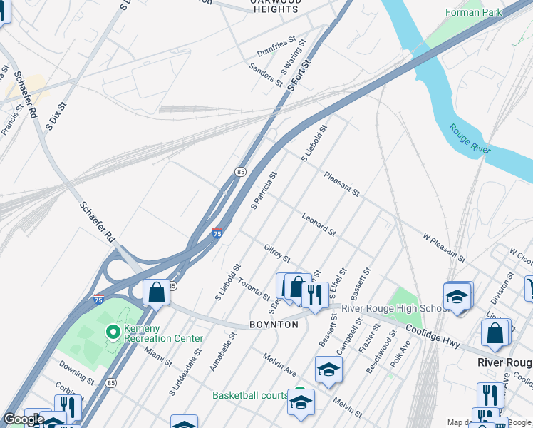 map of restaurants, bars, coffee shops, grocery stores, and more near 1250 South Liebold Street in Detroit