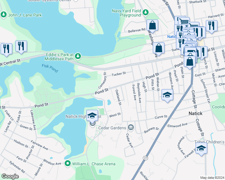map of restaurants, bars, coffee shops, grocery stores, and more near 102 Pond Street in Natick